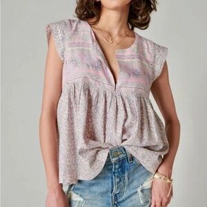 Lucky Brand Pink Floral Print Flutter Sleeve Flowy Babydoll Top Large MSRP $80